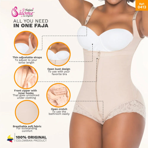 Fajas Salome 0413 | Butt Lifter Tummy Control Shapewear for Women •  Open Bust Hiphugger Bodysuit • Powernet