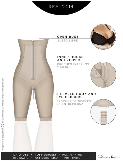 Diane & Geordi 2414 | Postpartum Butt Lifter Tummy Control Capri Shapewear • Open Bust Knee Length Body Shaper for Women • Powernet