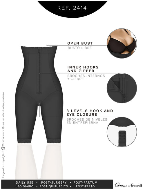 Diane & Geordi 2414 | Postpartum Butt Lifter Tummy Control Capri Shapewear • Open Bust Knee Length Body Shaper for Women • Powernet