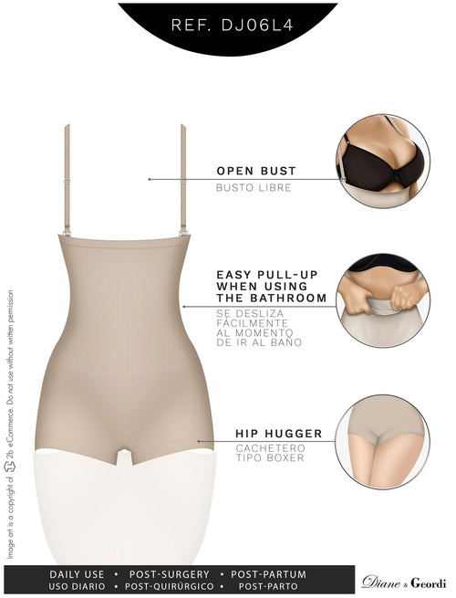 Diane & Geordi DJ06L4 | Open Bust Shorts Shapewear Bodysuit for Women • Daily Use Tummy Control Body Shaper • Powernet