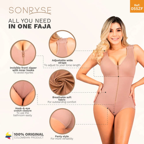 SONRYSE 055ZF | Panty Bodysuit Shapewear with Built-in Bra • Postpartum and Daily Use • Powernet