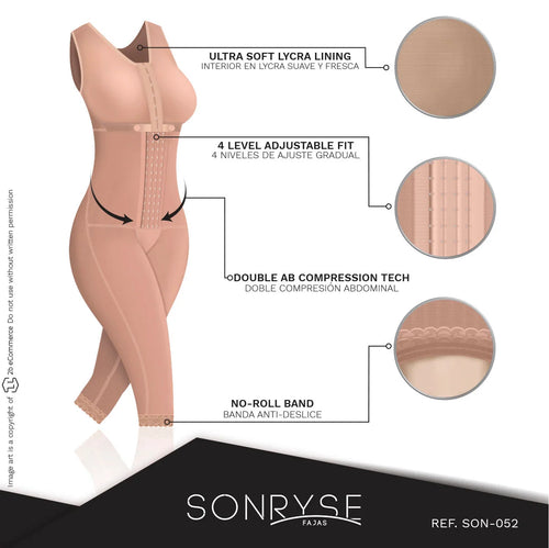 SONRYSE 052 | Colombian Full Body Shaper for Post Surgery with Built-in Bra • Butt Lifting Effect and Tummy Control • Powernet