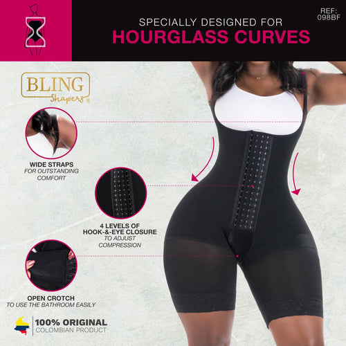 Bling Shapers 098BF | Reloj de Arena • Faja Colombiana Levanta Glúteos con Control de Abdomen y Corte a Medio Muslo para Mujeres de Caderas Anchas y Cintura Pequeña, BBL, Uso Diario • Powernet