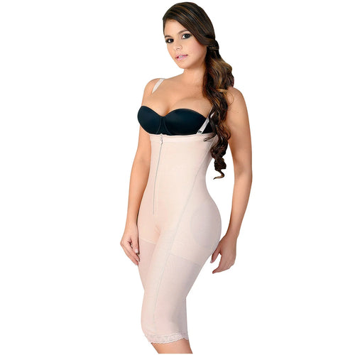 Fajas Salome 0213 | Post Surgery Butt Lifter Full Bodysuit •  Open Bust Knee Length Body Shaper for Women • Powernet