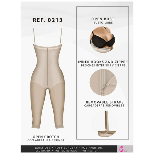 Fajas Salome 0213 | Post Surgery Butt Lifter Full Bodysuit •  Open Bust Knee Length Body Shaper for Women • Powernet