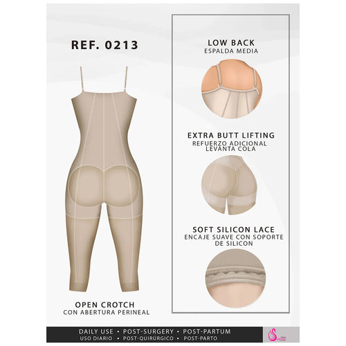 Fajas Salome 0213 | Post Surgery Butt Lifter Full Bodysuit •  Open Bust Knee Length Body Shaper for Women • Powernet