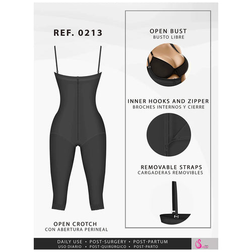 Fajas Salome 0213 | Post Surgery Butt Lifter Full Bodysuit •  Open Bust Knee Length Body Shaper for Women • Powernet