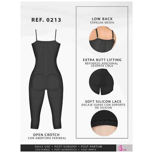 Fajas Salome 0213 | Post Surgery Butt Lifter Full Bodysuit •  Open Bust Knee Length Body Shaper for Women • Powernet