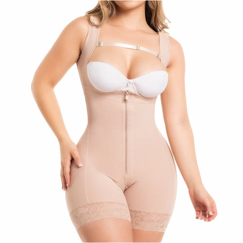 Fajas Salome 0217 | Mid Thigh Firm Compression Full Body Shaper for Women •  Butt Lifter Open Bust Postpartum Bodysuit • Powernet