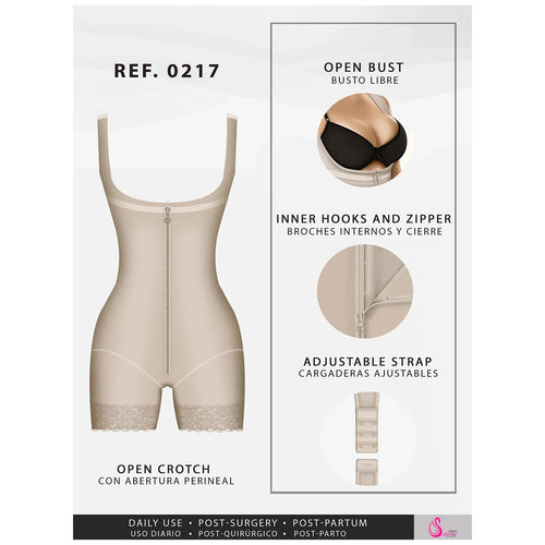 Fajas Salome 0217 | Mid Thigh Firm Compression Full Body Shaper for Women •  Butt Lifter Open Bust Postpartum Bodysuit • Powernet