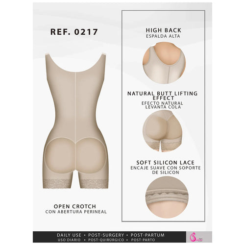 Fajas Salome 0217 | Mid Thigh Firm Compression Full Body Shaper for Women •  Butt Lifter Open Bust Postpartum Bodysuit • Powernet