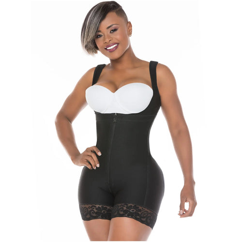 Fajas Salome 0217 | Mid Thigh Firm Compression Full Body Shaper for Women •  Butt Lifter Open Bust Postpartum Bodysuit • Powernet