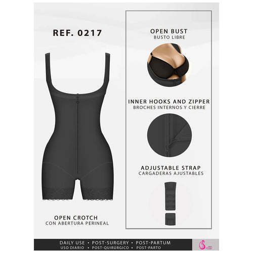 Fajas Salome 0217 | Mid Thigh Firm Compression Full Body Shaper for Women •  Butt Lifter Open Bust Postpartum Bodysuit • Powernet