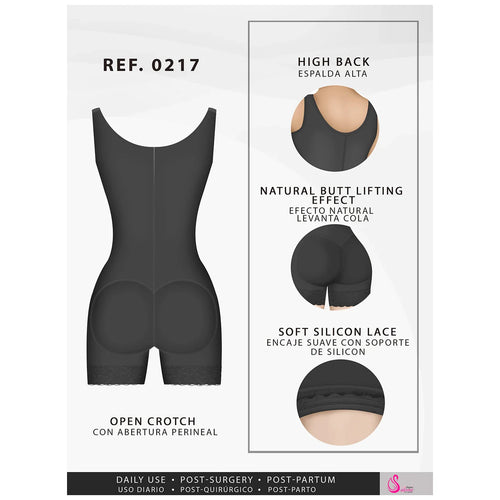 Fajas Salome 0217 | Mid Thigh Firm Compression Full Body Shaper for Women •  Butt Lifter Open Bust Postpartum Bodysuit • Powernet