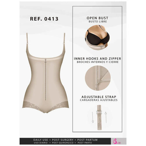 Fajas Salome 0413 | Butt Lifter Tummy Control Shapewear for Women •  Open Bust Hiphugger Bodysuit • Powernet