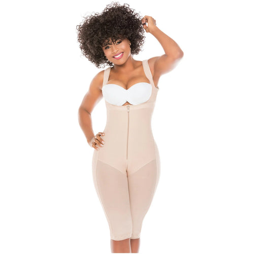 Fajas Salome 0517 | Post Surgery Stage 1 Butt Lifter Full Bodysuit •  Open Bust Knee Length Body Shaper for Women • Powernet