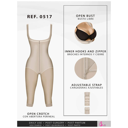 Fajas Salome 0517 | Post Surgery Stage 1 Butt Lifter Full Bodysuit •  Open Bust Knee Length Body Shaper for Women • Powernet