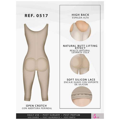 Fajas Salome 0517 | Post Surgery Stage 1 Butt Lifter Full Bodysuit •  Open Bust Knee Length Body Shaper for Women • Powernet