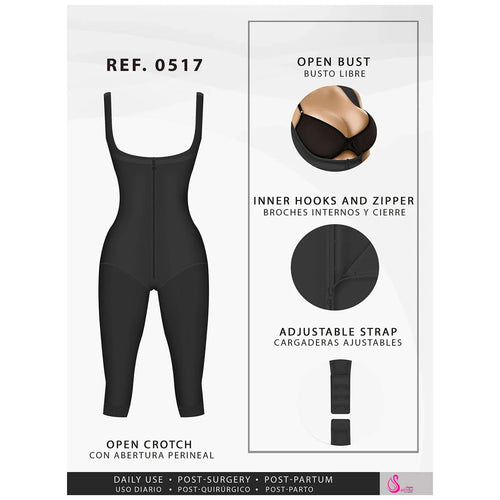 Fajas Salome 0517 | Post Surgery Stage 1 Butt Lifter Full Bodysuit •  Open Bust Knee Length Body Shaper for Women • Powernet