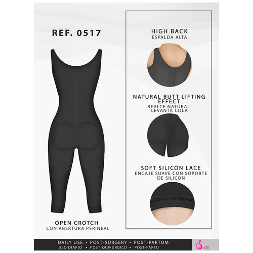 Fajas Salome 0517 | Post Surgery Stage 1 Butt Lifter Full Bodysuit •  Open Bust Knee Length Body Shaper for Women • Powernet