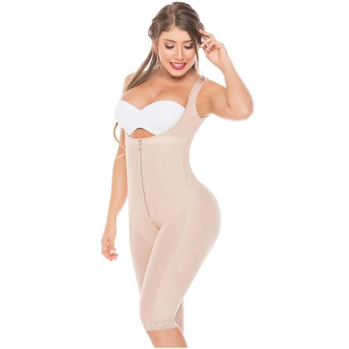 Fajas Salome 0518 | Stage 1 Post Surgery Bodysuit •  Knee Length Full Body Shaper for Women • Powernet