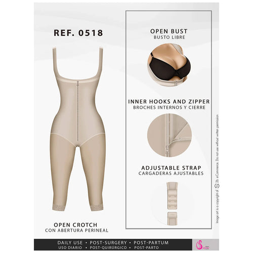 Fajas Salome 0518 | Stage 1 Post Surgery Bodysuit •  Knee Length Full Body Shaper for Women • Powernet