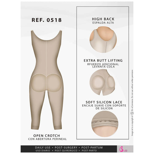 Fajas Salome 0518 | Stage 1 Post Surgery Bodysuit •  Knee Length Full Body Shaper for Women • Powernet