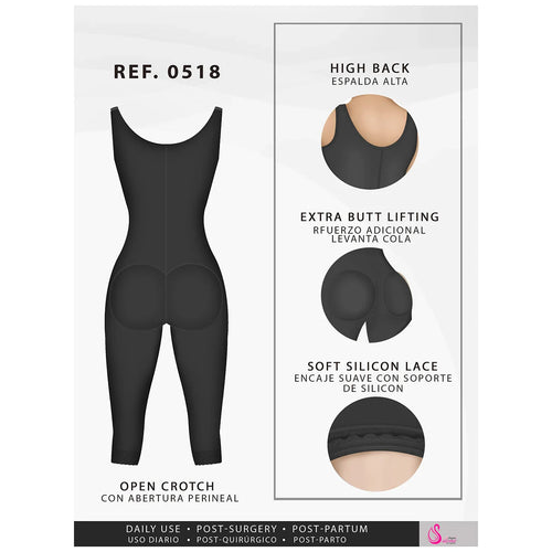 Fajas Salome 0518 | Stage 1 Post Surgery Bodysuit •  Knee Length Full Body Shaper for Women • Powernet