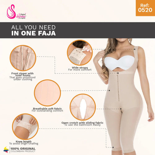 Fajas Salome 0520 | Open Bust Post Surgery Full Body Shaper for Women •  Butt Lifter Knee Length Bodysuit • Powernet