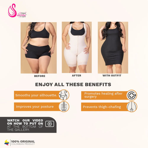 Fajas Salome 0520 | Open Bust Post Surgery Full Body Shaper for Women •  Butt Lifter Knee Length Bodysuit • Powernet