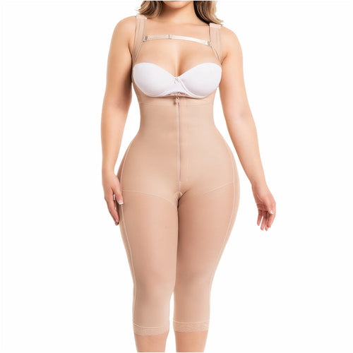 Fajas Salome 0520 | Open Bust Post Surgery Full Body Shaper for Women •  Butt Lifter Knee Length Bodysuit • Powernet