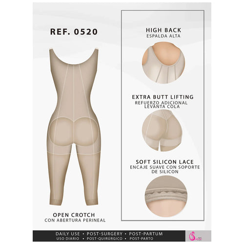 Fajas Salome 0520 | Open Bust Post Surgery Full Body Shaper for Women •  Butt Lifter Knee Length Bodysuit • Powernet