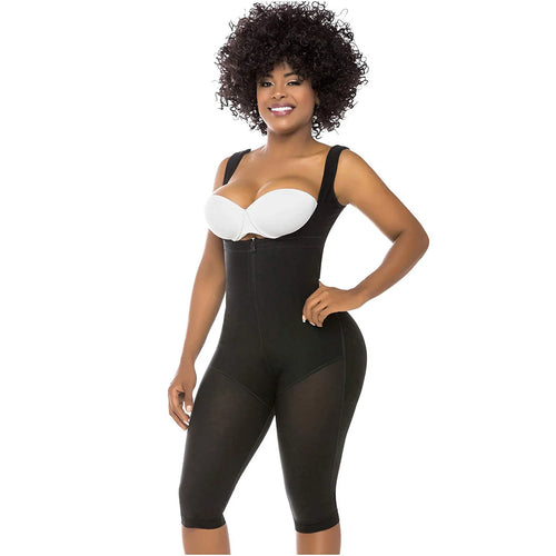 Fajas Salome 0520 | Open Bust Post Surgery Full Body Shaper for Women •  Butt Lifter Knee Length Bodysuit • Powernet