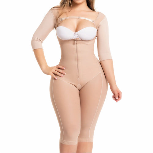 Fajas Salome 0525 | Post Surgery Bodysuit Full Body Shaper for Women •  Tummy Control Butt Lifter Knee Length Shapewear with Sleeves • Powernet