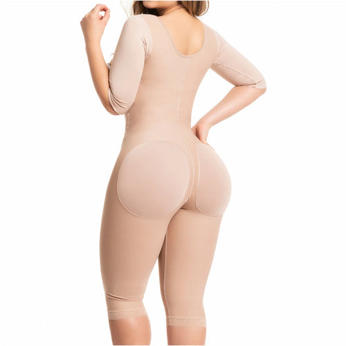 Fajas Salome 0525 | Post Surgery Bodysuit Full Body Shaper for Women •  Tummy Control Butt Lifter Knee Length Shapewear with Sleeves • Powernet