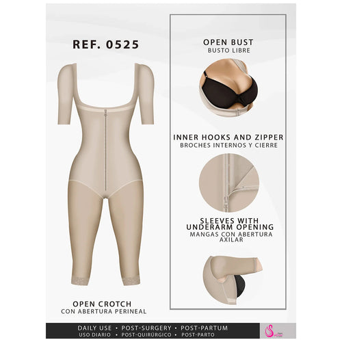 Fajas Salome 0525 | Post Surgery Bodysuit Full Body Shaper for Women •  Tummy Control Butt Lifter Knee Length Shapewear with Sleeves • Powernet