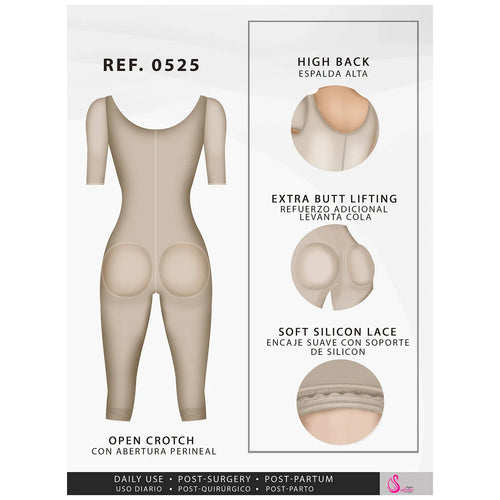 Fajas Salome 0525 | Post Surgery Bodysuit Full Body Shaper for Women •  Tummy Control Butt Lifter Knee Length Shapewear with Sleeves • Powernet