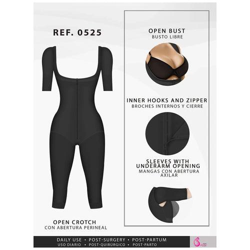 Fajas Salome 0525 | Post Surgery Bodysuit Full Body Shaper for Women •  Tummy Control Butt Lifter Knee Length Shapewear with Sleeves • Powernet