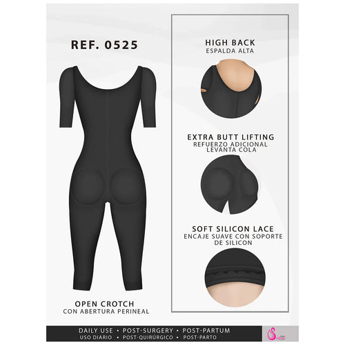 Fajas Salome 0525 | Post Surgery Bodysuit Full Body Shaper for Women •  Tummy Control Butt Lifter Knee Length Shapewear with Sleeves • Powernet