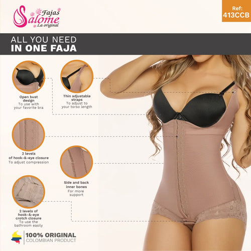 Fajas Salome 413-CCB | Faja Colombiana Tummy Control Girdle with Hooks Bodysuit • Powernet