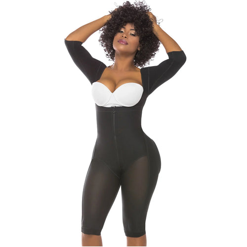 Fajas Salome 0525 | Post Surgery Bodysuit Full Body Shaper for Women •  Tummy Control Butt Lifter Knee Length Shapewear with Sleeves • Powernet