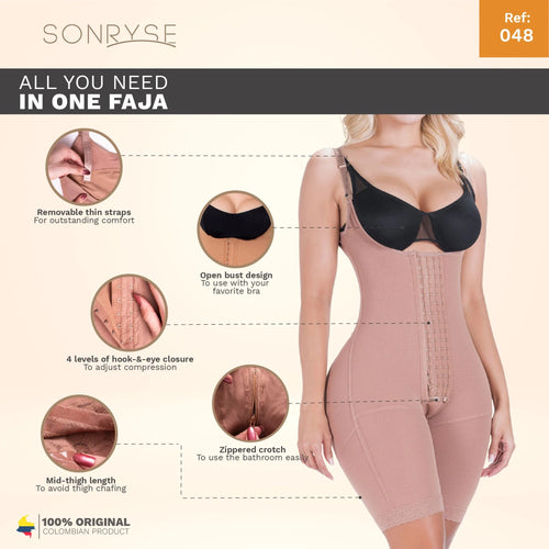 SONRYSE 048BF | Fajas Colombianas Post Surgery Open Bust Shapewear Compression Garment • Postpartum Mid Thigh Girdle • Powernet