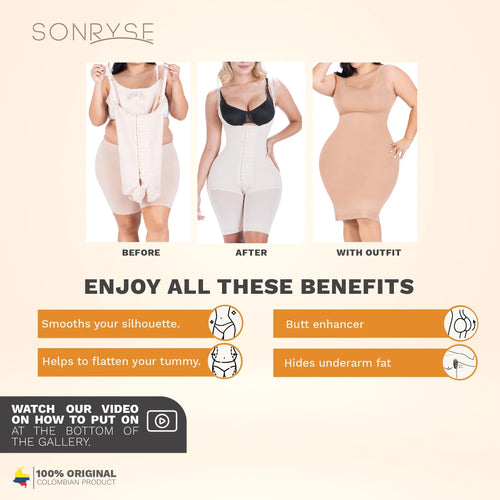 SONRYSE 048BF | Fajas Colombianas Post Surgery Open Bust Shapewear Compression Garment • Postpartum Mid Thigh Girdle • Powernet