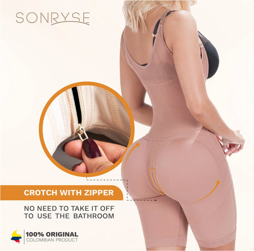 SONRYSE 048BF | Fajas Colombianas Post Surgery Open Bust Shapewear Compression Garment • Postpartum Mid Thigh Girdle • Powernet