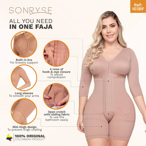 SONRYSE 103BF | Shapewear After Surgery for Women with Built-In Bra • Mid thigh Girdle with Sleeves • Powernet