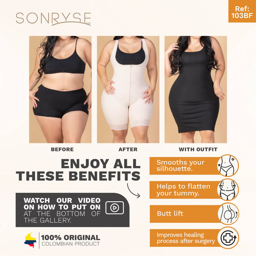 SONRYSE 103BF | Shapewear After Surgery for Women with Built-In Bra • Mid thigh Girdle with Sleeves • Powernet