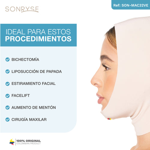 Sonryse MAC32VE | Faja Facial Postquirúrgica Mentonera. Compresión Media. Recuperación de Papada, Bichectomía y Lipo Facial.