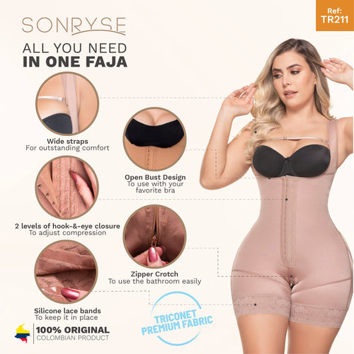 SONRYSE TR211 | Colombian Shapewear Open Bust Bodysuit • Post Surgery Body Shapers • Stage 1 Faja • Triconet