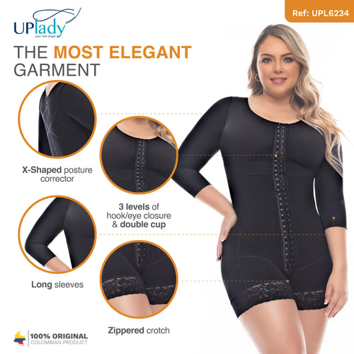 UpLady 6234 | Post Surgery Full Body Shaper Mid Thigh Fajas Colombianas with Sleeves