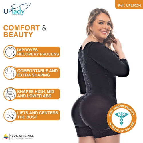 UpLady 6234 | Post Surgery Full Body Shaper Mid Thigh Fajas Colombianas with Sleeves